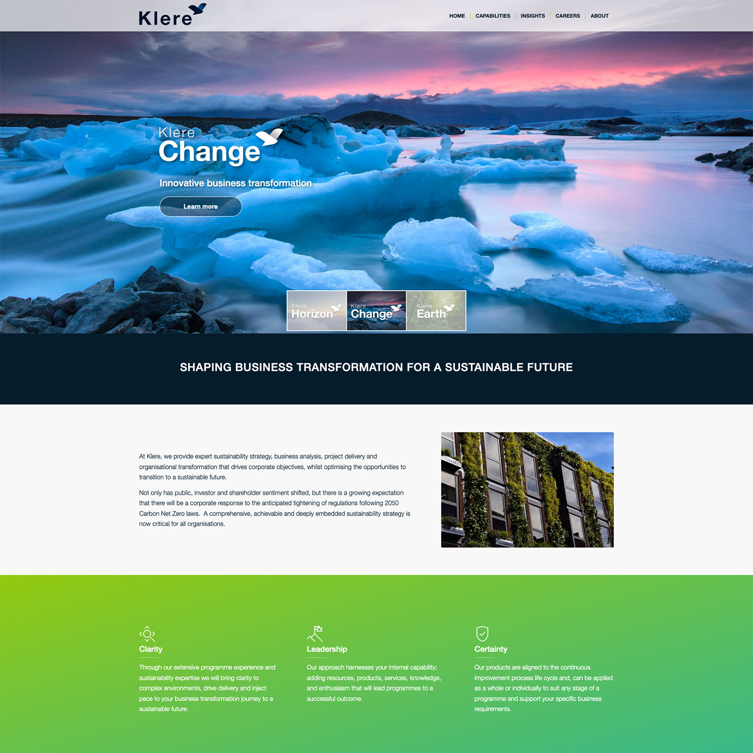 Klere website homepage design